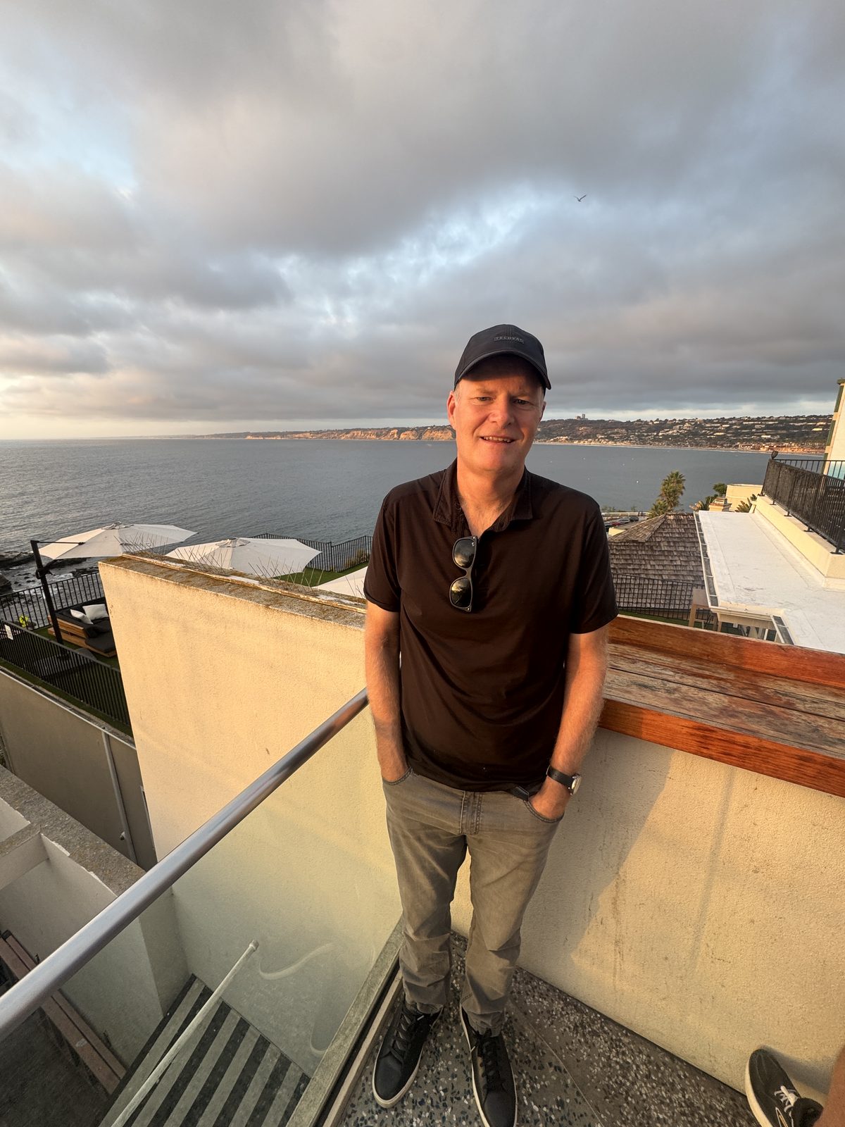 Todd Zeigler on a terrace overlooking the ocean at La Jolla